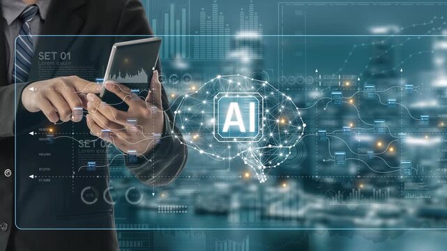 AI neural network and data processing system visualizing artificial intelligence with brain structure, chip, and connected data blocks for computation and learning Marrow