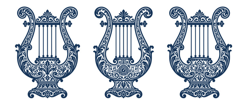 Ornate Lyre Illustrations, Classical String Instrument Design