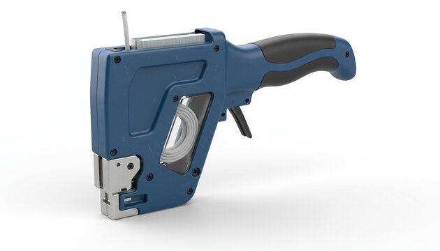 Blue and black heavy duty stapler gun on white background.