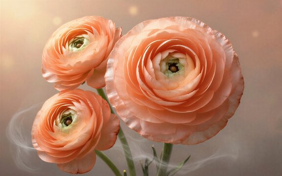 Soft peach ranunculus flowers bloom with gentle mist and warm, dreamy lighting.
