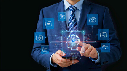 Fototapeta premium Corporate executive analyzing a downward trend of profits and rising costs on a virtual interface