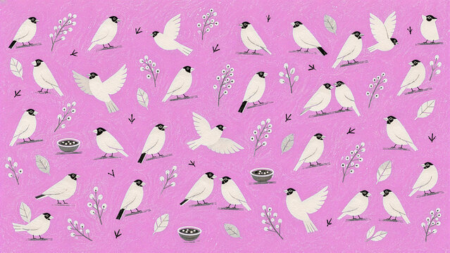 ピンク背景に白い文鳥と植物を描いたクレヨン風の手描きパターン
