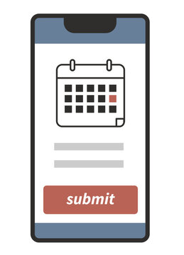 Smartphone screen showing online reservation form with calendar and submit button, mobile app UI flat vector illustration