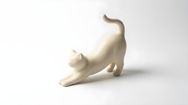 Elegant White Ceramic Cat Statue Isolated on White Background