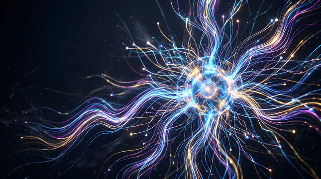 Glowing sphere nexus with dynamic flowing neural fiber tendrils and light particles