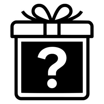 Black and white icon of a gift box with a question mark symbol signifying mystery or surprise gift