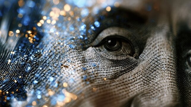 Benjamin franklin's eye on a one hundred dollar bill with sparkling bokeh