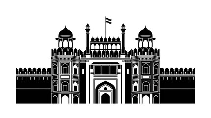 Obraz premium A detailed black and white silhouette illustration of the historic Red Fort in Delhi India.