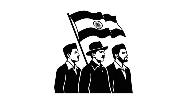 Black and white illustration of three Indian freedom fighters standing with a national flag.