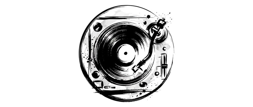 Ink brush turntable with vinyl record playing music