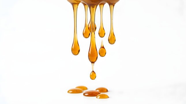 Golden Honey Syrup Dripping Sweet Liquid Drops on White Background