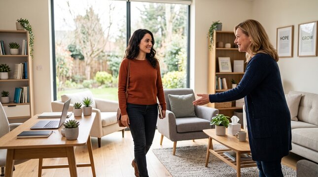 A warm welcome unfolds as one woman extends a friendly hand to another entering a bright, modern office space, embodying professional courtesy and connection.