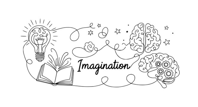 Imagination and creativity concept: lightbulb, open book, brains with gears and stars on white background