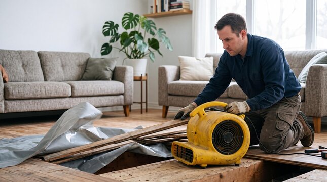 Professional technician drying wet wooden floor with air mover after flood.