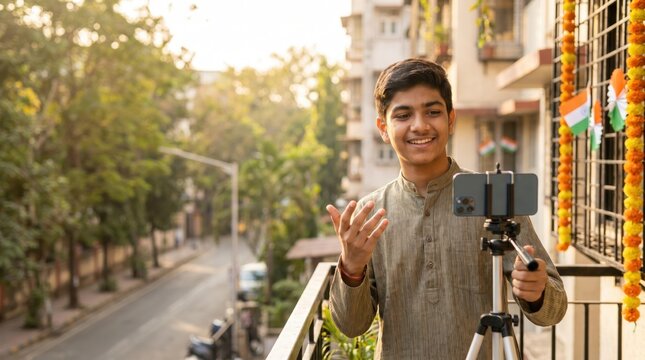 Indian Teenager Recording Content for India's Independence Day on Smartphone