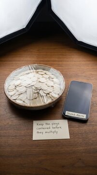 Smartphone with 'Sealed Alerts' and a dish of coins symbolize Digital Detox and financial control