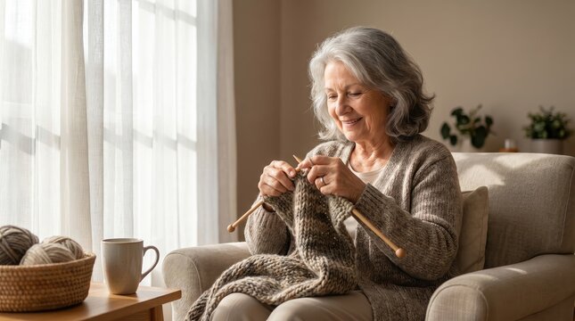 Senior Citizen Day: Woman Knitting a Cozy Scarf at Home