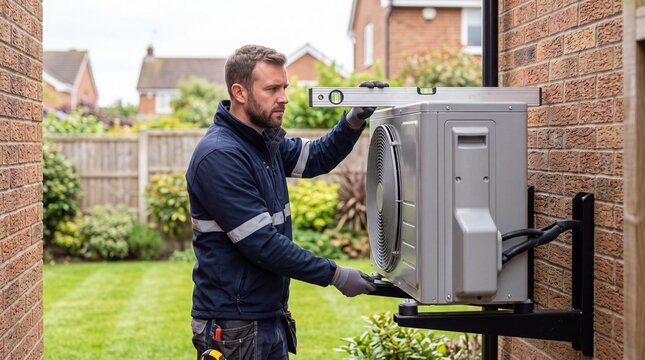 HVAC technician leveling an air source heat pump outdoor unit on a brick wall.