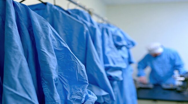 Blue surgical gowns hanging on a rack in a hospital setting with a medical in the