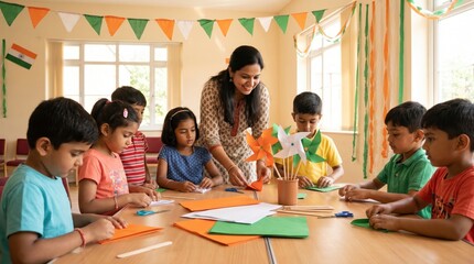 Fototapeta premium Teacher guides diverse children in crafting patriotic decorations for India's Independence Day celebration