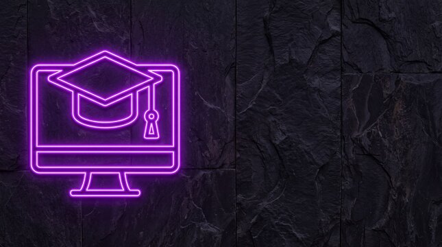 Neon online education icon on dark wall. Digital learning sign for virtual school courses.