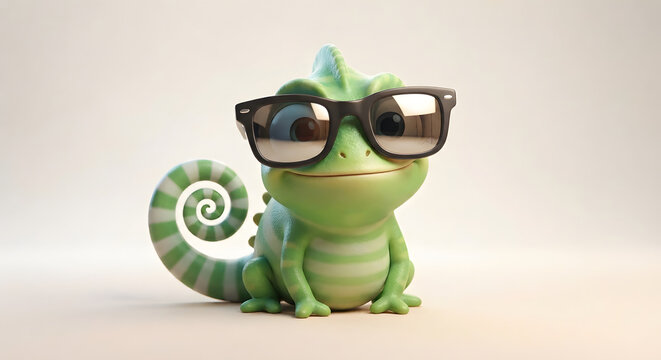 Cute 3D chameleon mascot wearing cool black frame glasses and smiling cheerfully, 3D rendering
