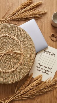 Wicker Basket Lid and Laptop, Promoting a Digital Detox and Calm Workspace