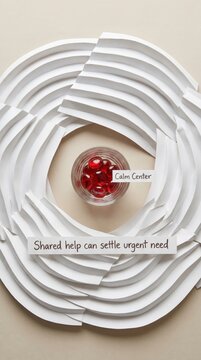 Blood Donation campaign imagery showing a glass of red capsules labeled 'Calm Center' amidst paper art