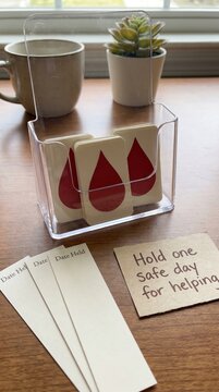 Blood Donation Cards with Red Blood Drop Symbol in a Clear Holder, Promoting Healthcare Support
