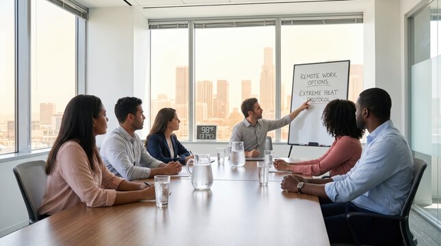 Business Team Discusses Heatwave Safety in Office Meeting