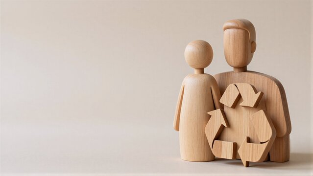 Wooden figures embrace a recycling symbol, promoting eco-friendly family values.