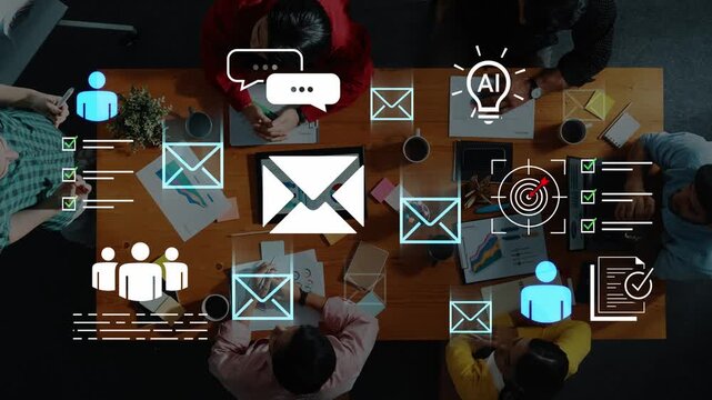 Group of people collaborating at a table with digital icons representing communication, technology, and productivity in a modern workspace setting Gluon.