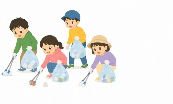 地域の清掃活動でごみ拾いをする子どもたちの環境美化ボランティアイラスト
