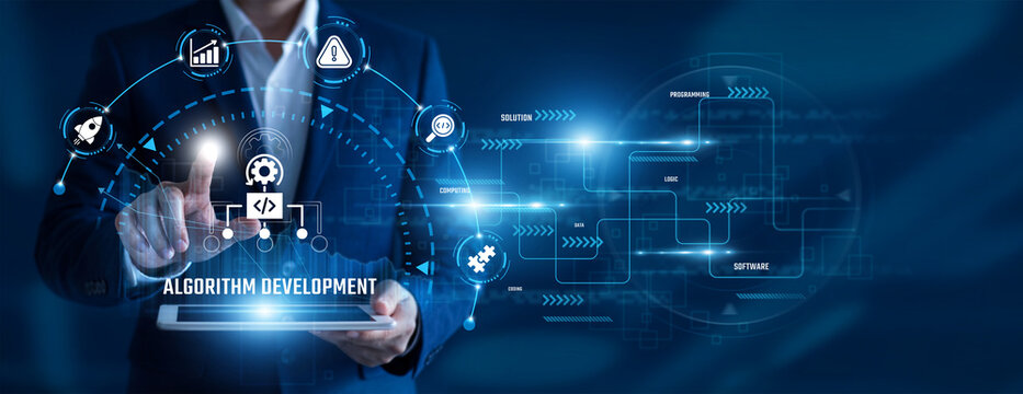 Software Engineer using tablet analysing Algorithm Development data. Computational logic, code optimization, data processing, mathematical modeling, software engineering, intelligent computing.