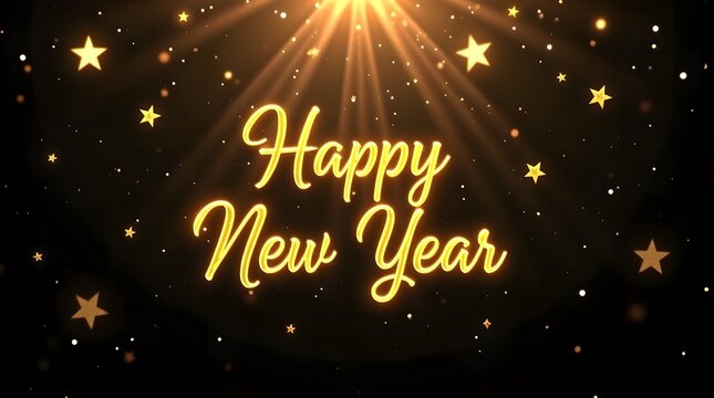 Sparkling 'happy new year' celebration golden text with stars on a dark background
