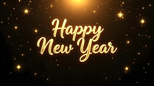 Sparkling 'happy new year' gold text on black background with festive starry lights
