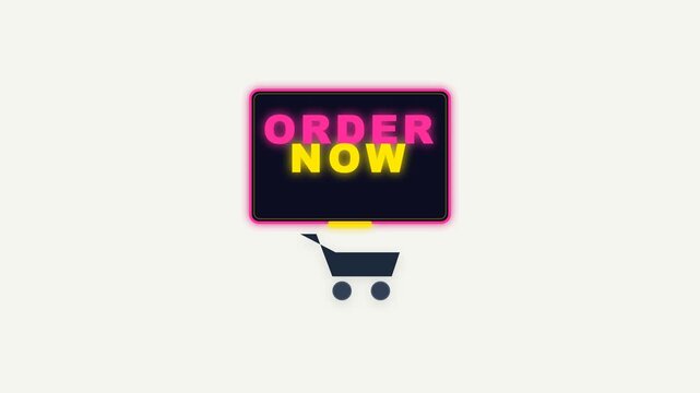 Order now text animation appearing on screen with shopping cart