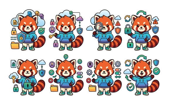 Cute Cloud Security Mascot with Kawaii Red Panda, Secure Cloud Storage, Data Protection, Encryption and Cybersecurity, Isolated for SaaS, Cloud Computing, IT Security and Business Design