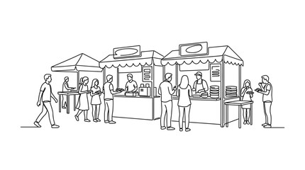 Obraz premium A line art illustration of a bustling outdoor street food market scene.