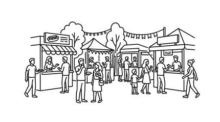 Obraz premium Line art illustration of people visiting outdoor market stalls.