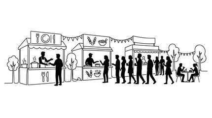 Obraz premium A black and white line art illustration of a bustling outdoor food festival with stalls and people.