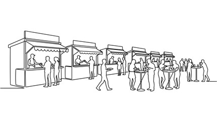 Obraz premium Continuous line drawing of a bustling outdoor street food market with people.