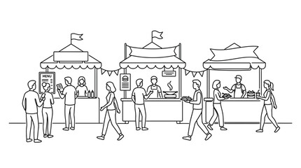 Obraz premium Line art illustration of people visiting food stalls at an outdoor market.