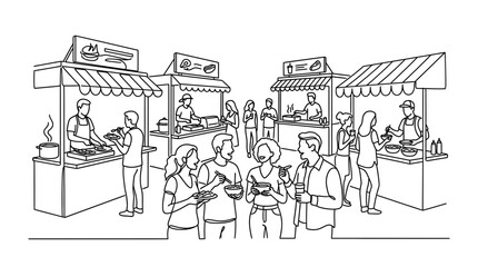Fototapeta premium A group of people enjoying street food at a bustling outdoor market stalls.