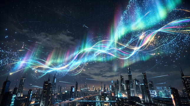 Futuristic smart city skyline at night with glowing colorful aurora light trails data streams digital network overlay