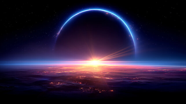 Bright sun rising over the horizon of planet earth viewed from deep space with atmospheric blue glow