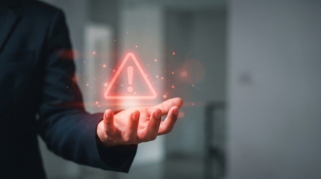 Person in business attire holding a floating red warning alert hologram to symbolize proactive risk management and security monitoring against digital threats in modern organizations