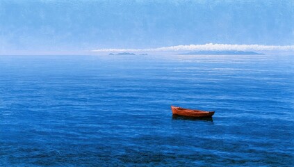 Fototapeta premium Small orange rowboat floating on a vast deep blue ocean under a cloudy sky