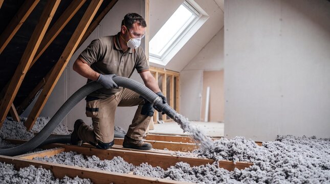 Professional installer blowing loose-fill cellulose insulation in house attic.