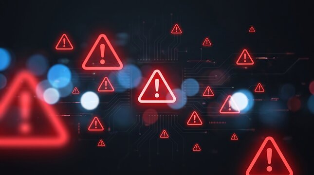 Digital abstract background featuring multiple glowing red warning triangle icons connected by circuit board lines to represent widespread system failure and cyber security threats